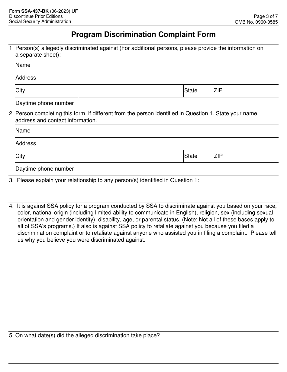 Form SSA-437-BK Civil Rights Complaint Form for Allegations of Program Discrimination by the Social Security Administration, Page 3