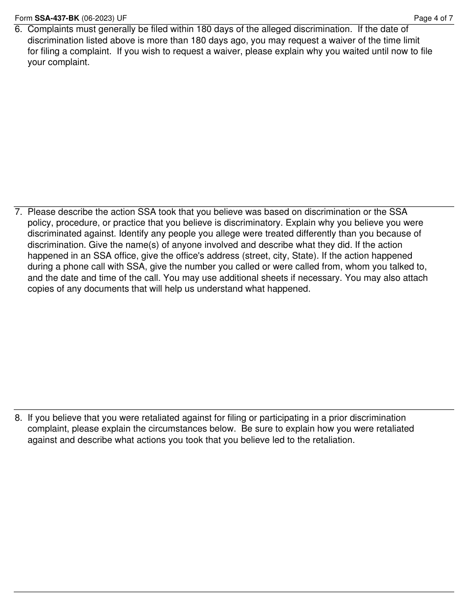 Form SSA-437-BK Civil Rights Complaint Form for Allegations of Program Discrimination by the Social Security Administration, Page 4