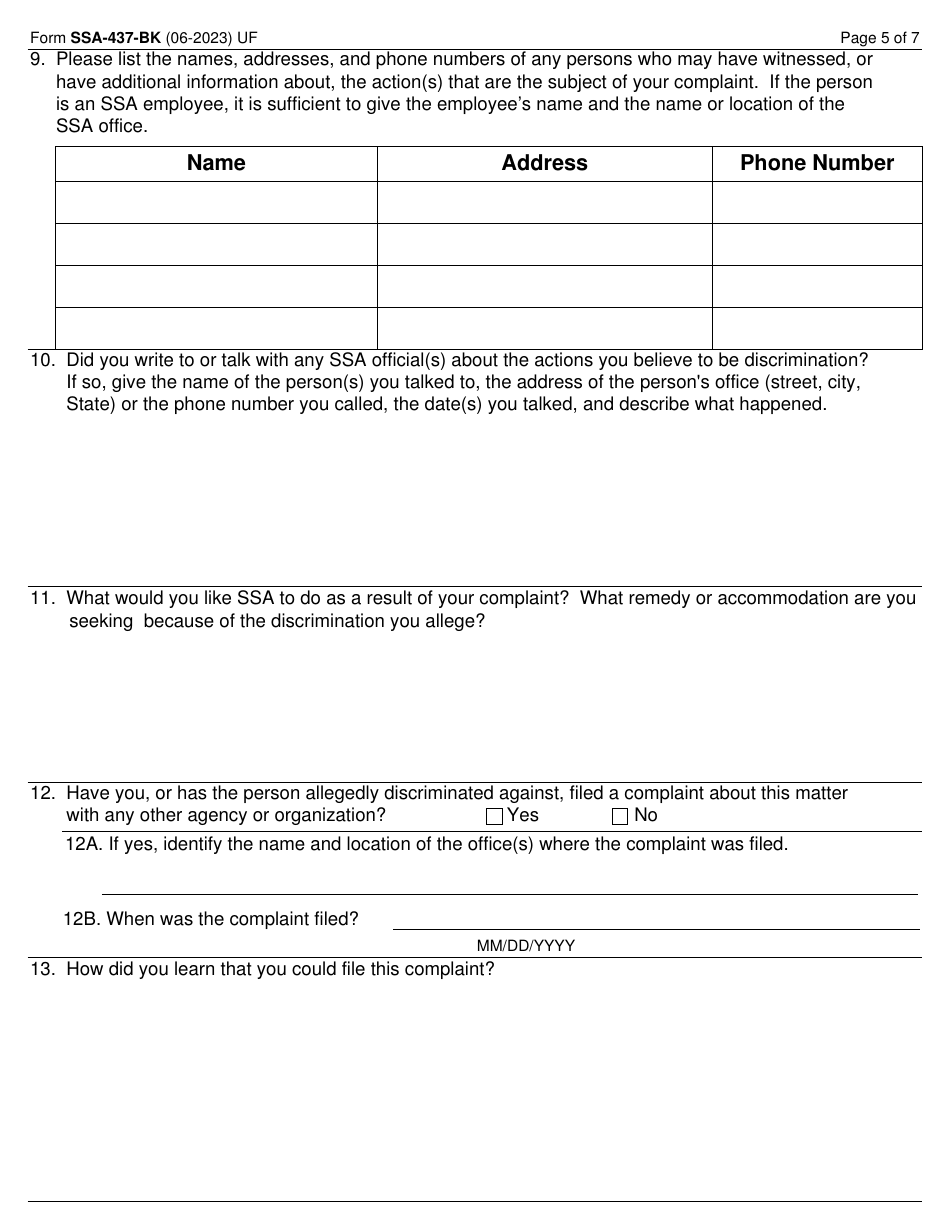 Form SSA-437-BK Civil Rights Complaint Form for Allegations of Program Discrimination by the Social Security Administration, Page 5