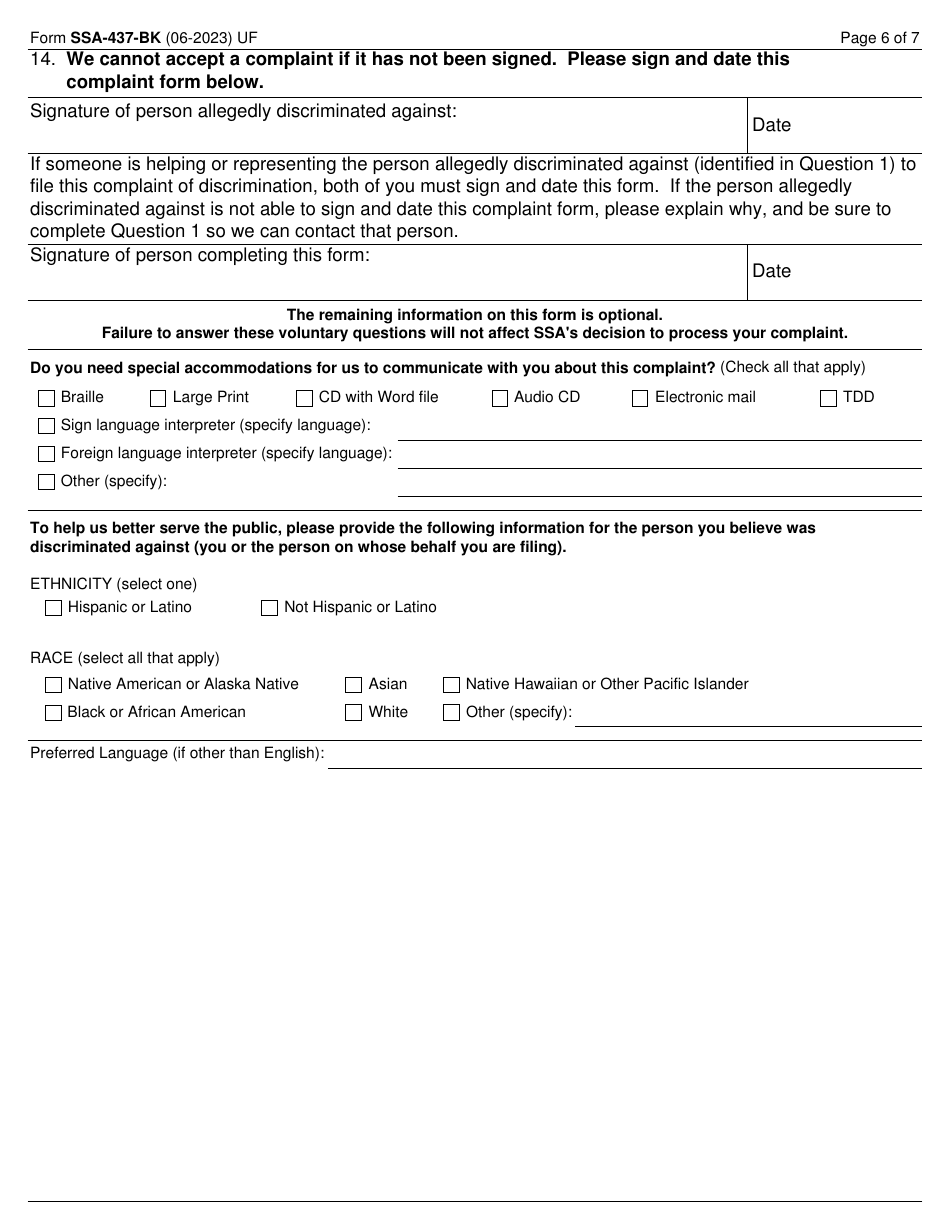 Form SSA-437-BK Civil Rights Complaint Form for Allegations of Program Discrimination by the Social Security Administration, Page 6