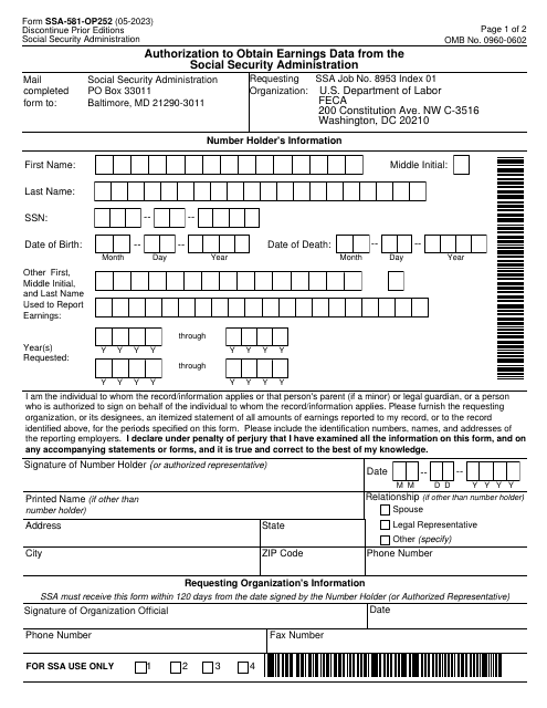 Form SSA-581-OP252  Printable Pdf