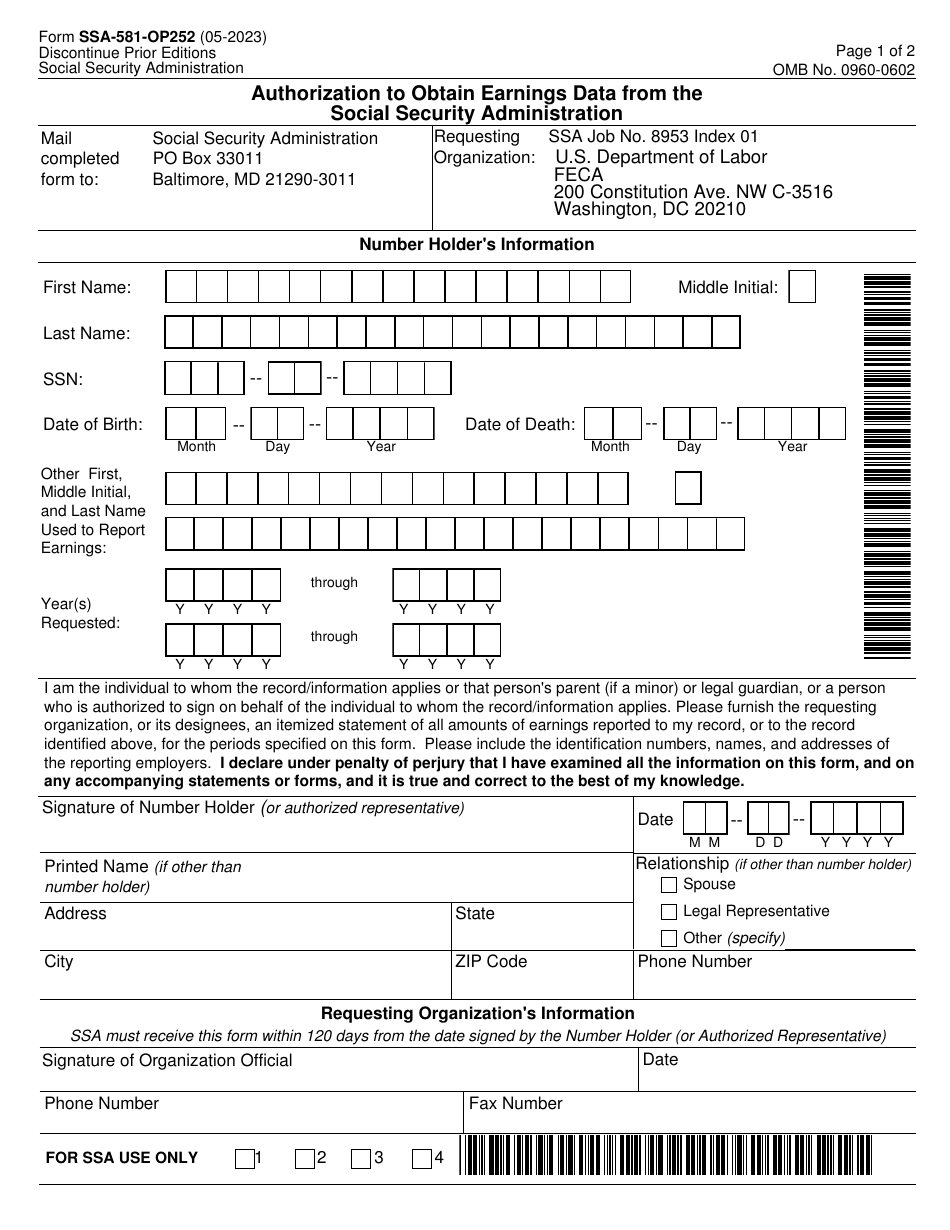 Form SSA-581-OP252 Authorization to Obtain Earnings Data From the Social Security Administration, Page 1