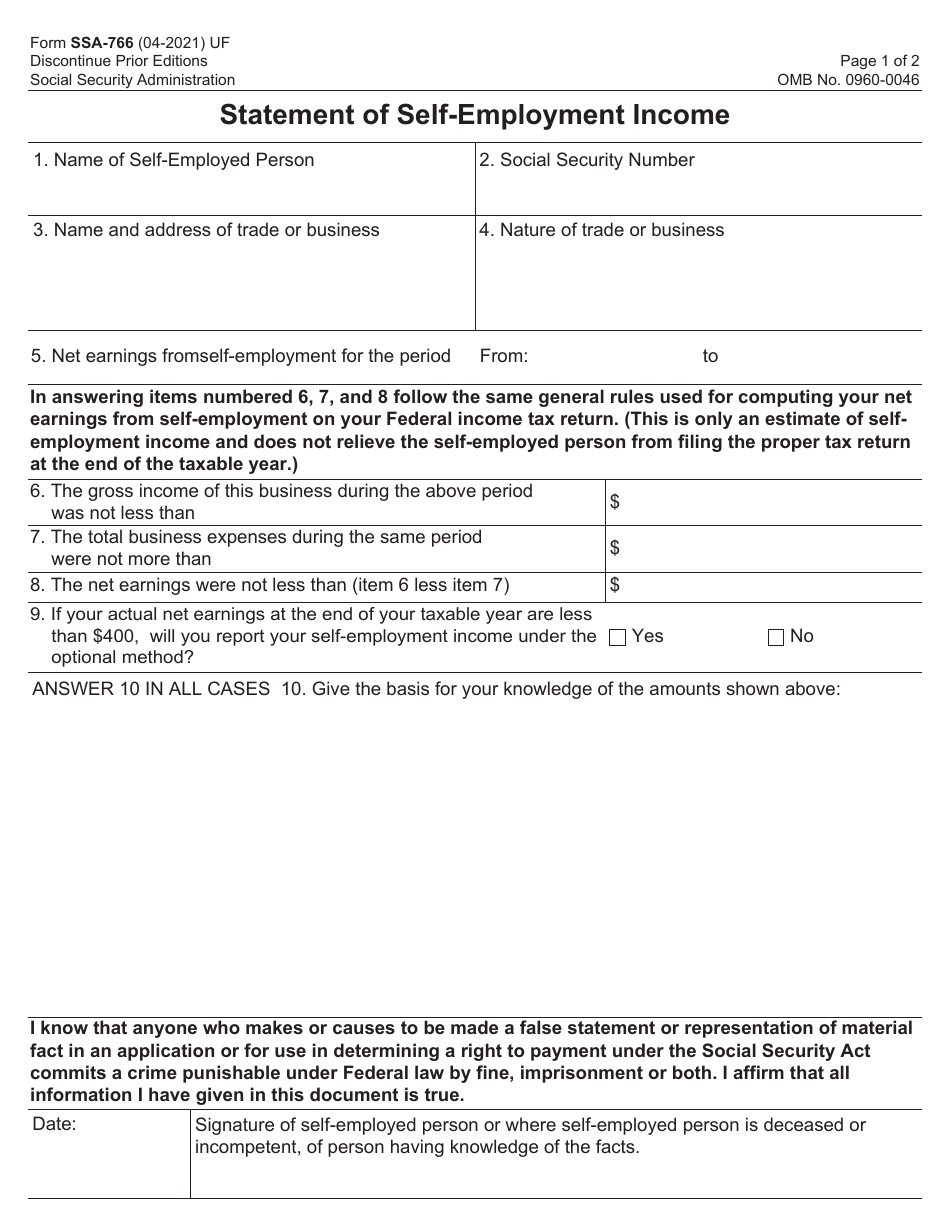 Form SSA-766 Statement of Self-employment Income, Page 1