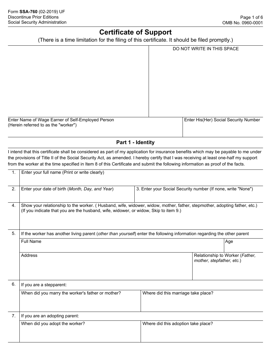 Form SSA-760 Certificate of Support, Page 1