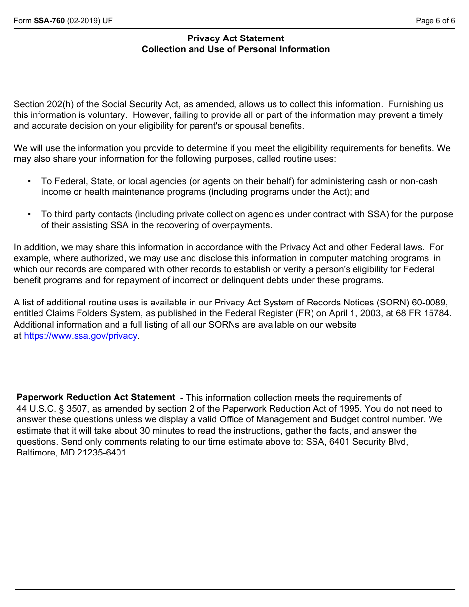 Form SSA-760 Certificate of Support, Page 6