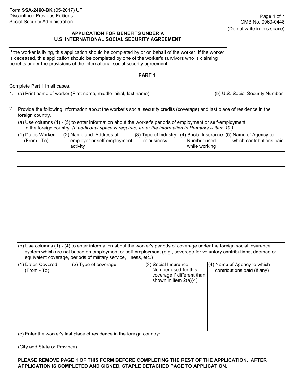 Form SSA-2490-BK Application for Benefits Under a U.S. International Social Security Agreement, Page 1