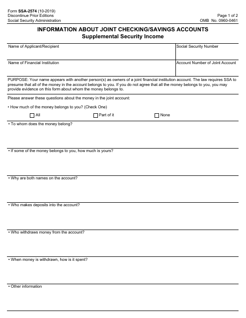 Form SSA-2574 Information About Joint Checking/Savings Accounts Supplemental Security Income