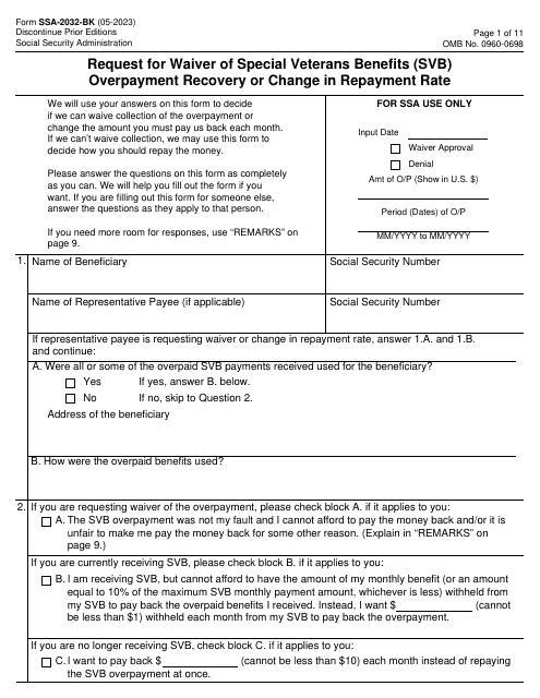Form SSA-2032-BK Request for Waiver of Special Veterans Benefits (Svb) Overpayment Recovery or Change in Repayment Rate