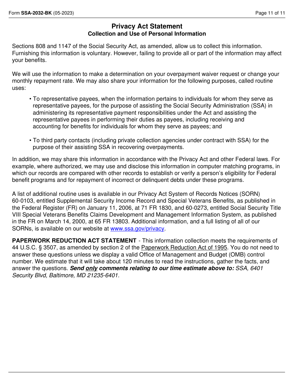 Form SSA-2032-BK Request for Waiver of Special Veterans Benefits (Svb) Overpayment Recovery or Change in Repayment Rate, Page 11