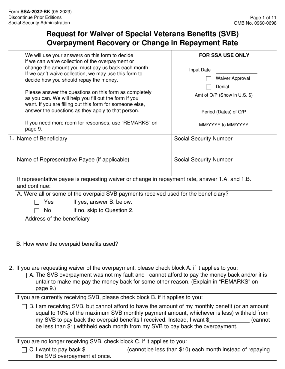 Form SSA-2032-BK Request for Waiver of Special Veterans Benefits (Svb) Overpayment Recovery or Change in Repayment Rate, Page 1