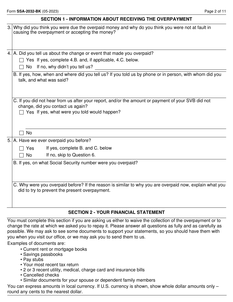 Form SSA-2032-BK Request for Waiver of Special Veterans Benefits (Svb) Overpayment Recovery or Change in Repayment Rate, Page 2