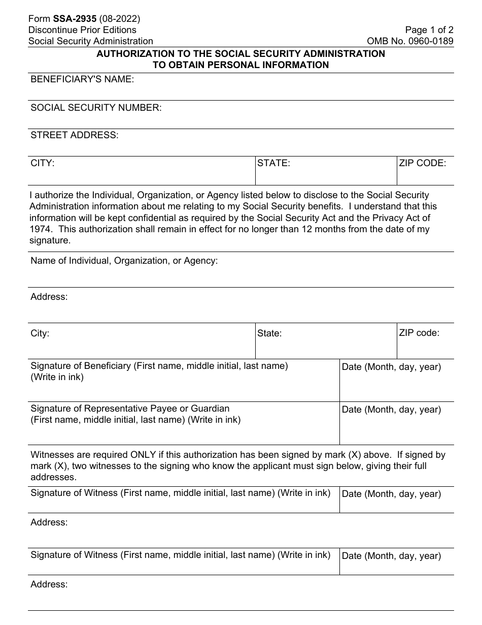 Form SSA-2935 Authorization to the Social Security Administration to Obtain Personal Information, Page 1