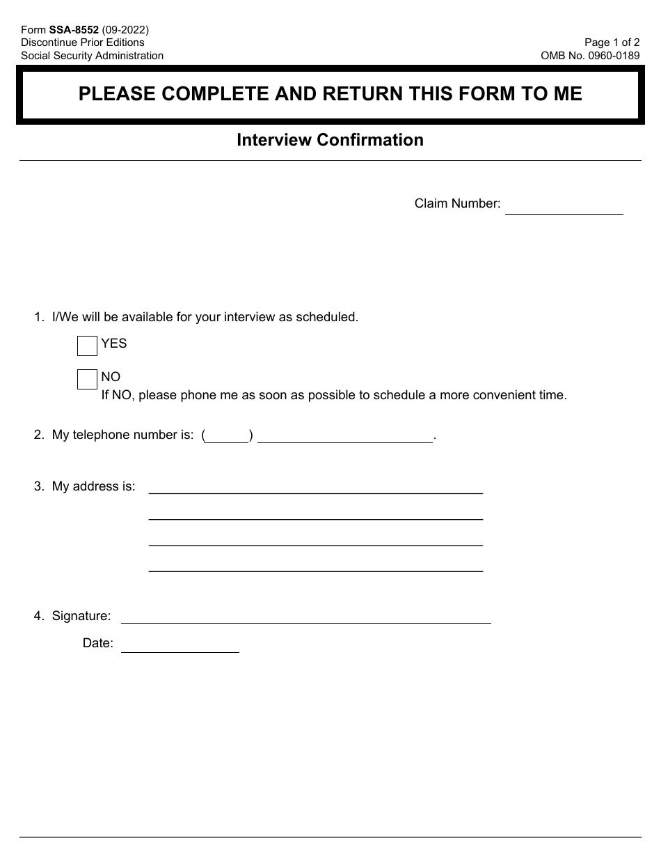 Form SSA-8552 Interview Confirmation, Page 1