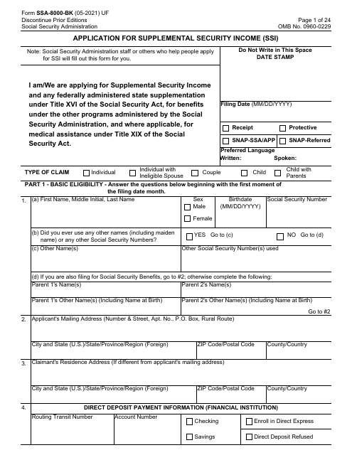 Form SSA-8000-BK Application for Supplemental Security Income (Ssi)