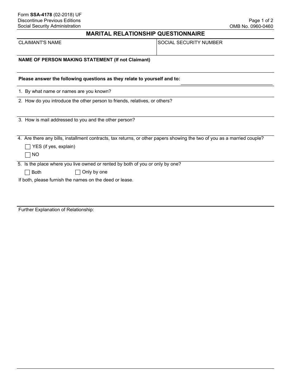 Form SSA-4178 Marital Relationship Questionnaire, Page 1