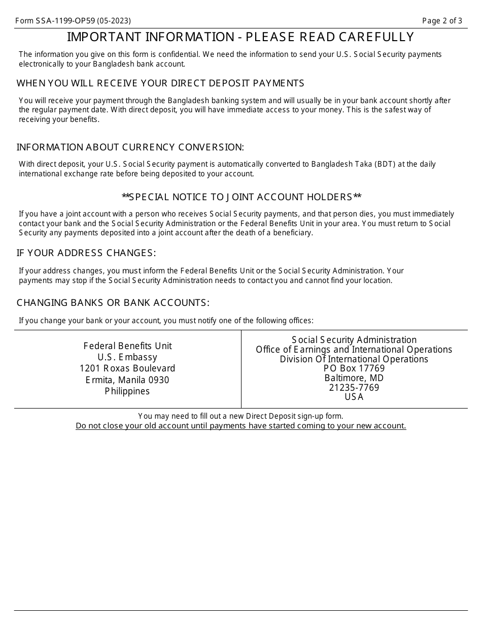 Form SSA-1199-OP59 Direct Deposit Sign-Up Form (Bangladesh), Page 2