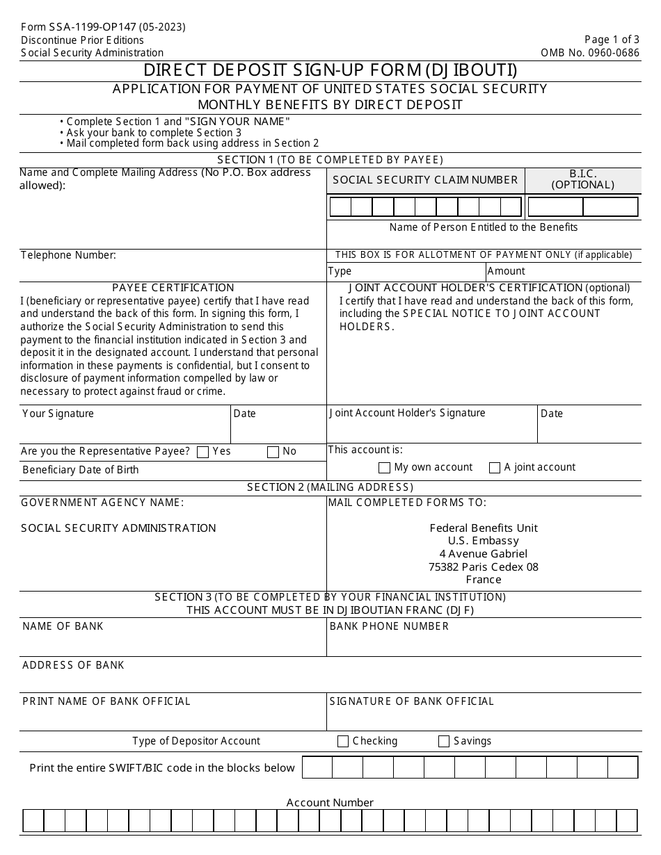 Form SSA-1199-OP147 Direct Deposit Sign-Up Form (Djibouti), Page 1