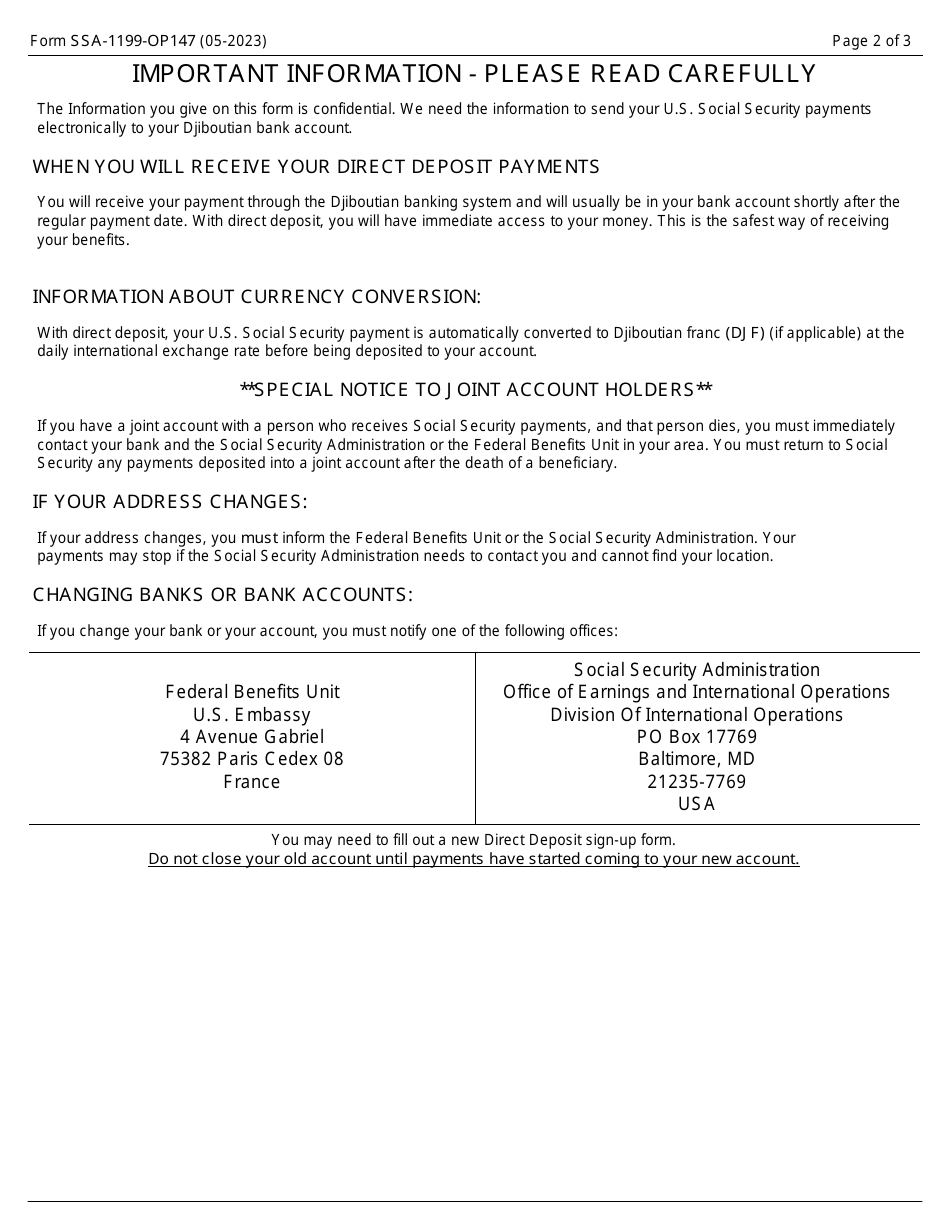 Form SSA-1199-OP147 Direct Deposit Sign-Up Form (Djibouti), Page 2