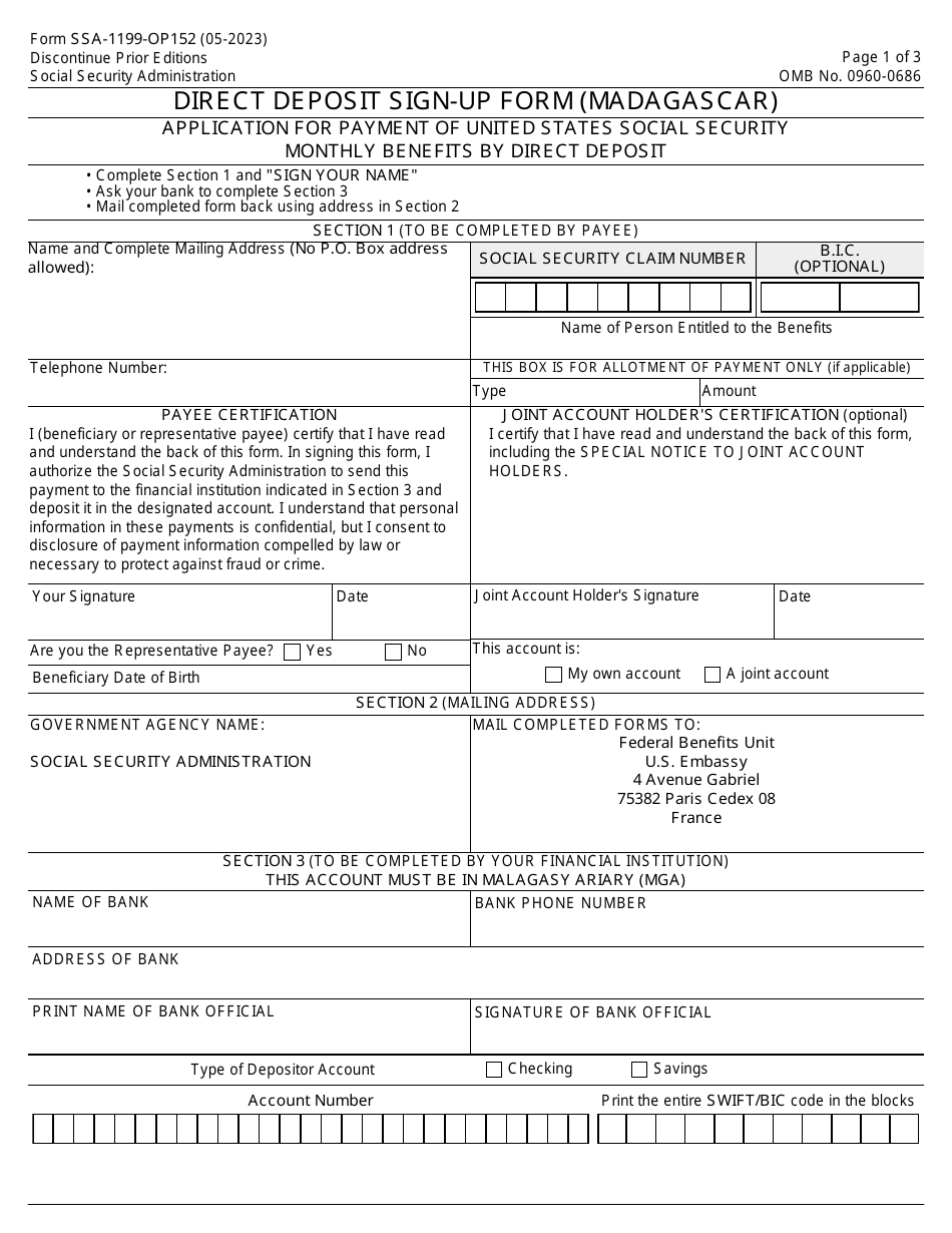 Form SSA-1199-OP152 Direct Deposit Sign-Up Form (Madagascar), Page 1