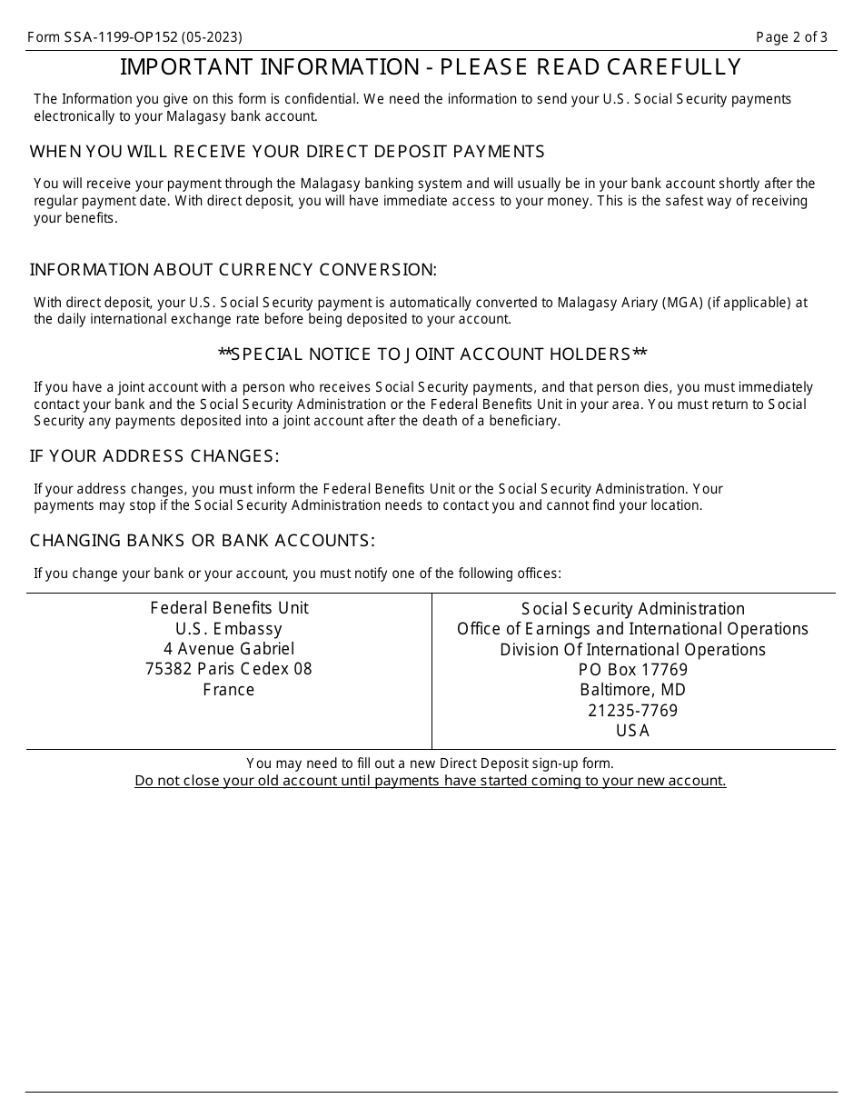 Form SSA-1199-OP152 Direct Deposit Sign-Up Form (Madagascar), Page 2
