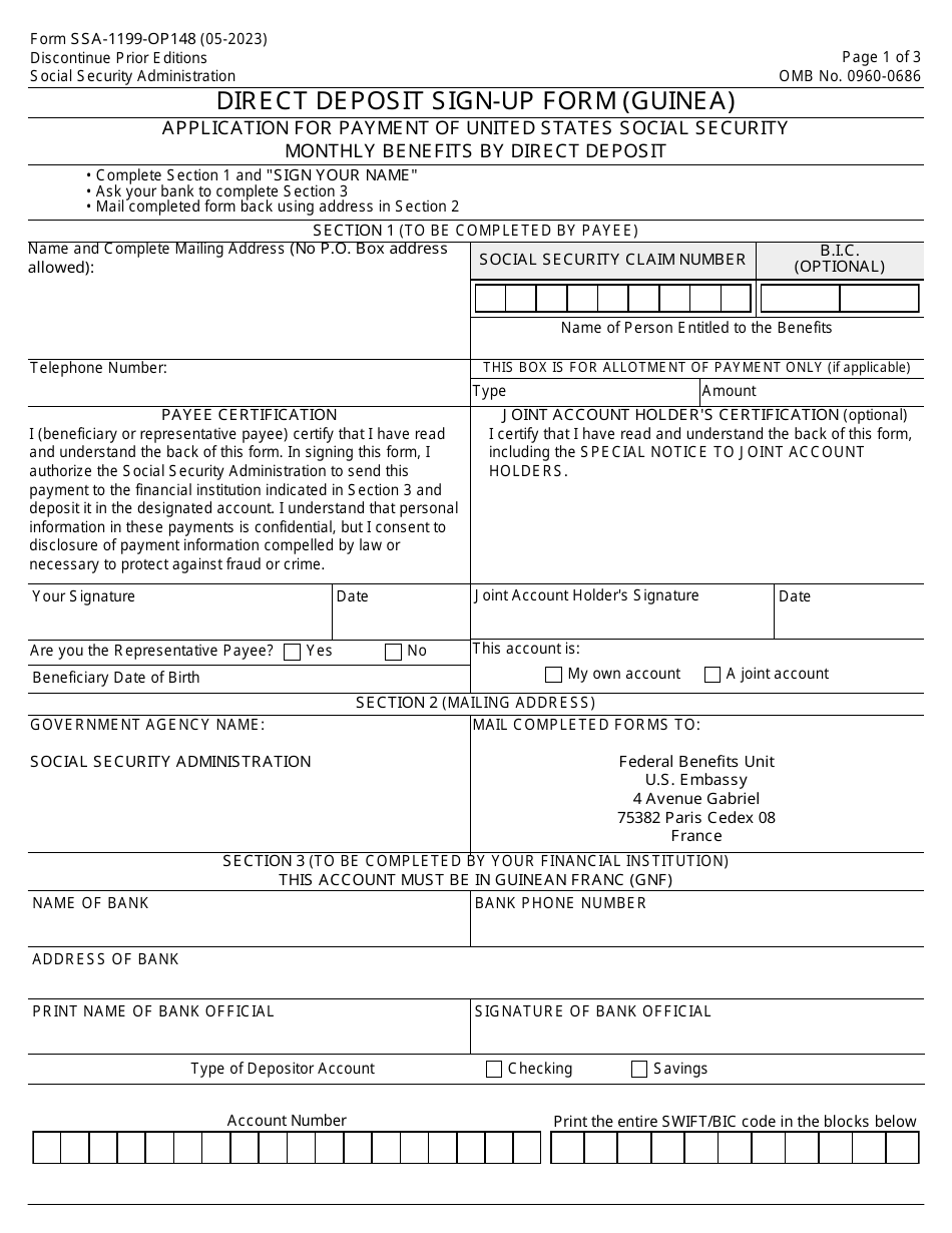 Form SSA-1199-OP148 Direct Deposit Sign-Up Form (Guinea), Page 1