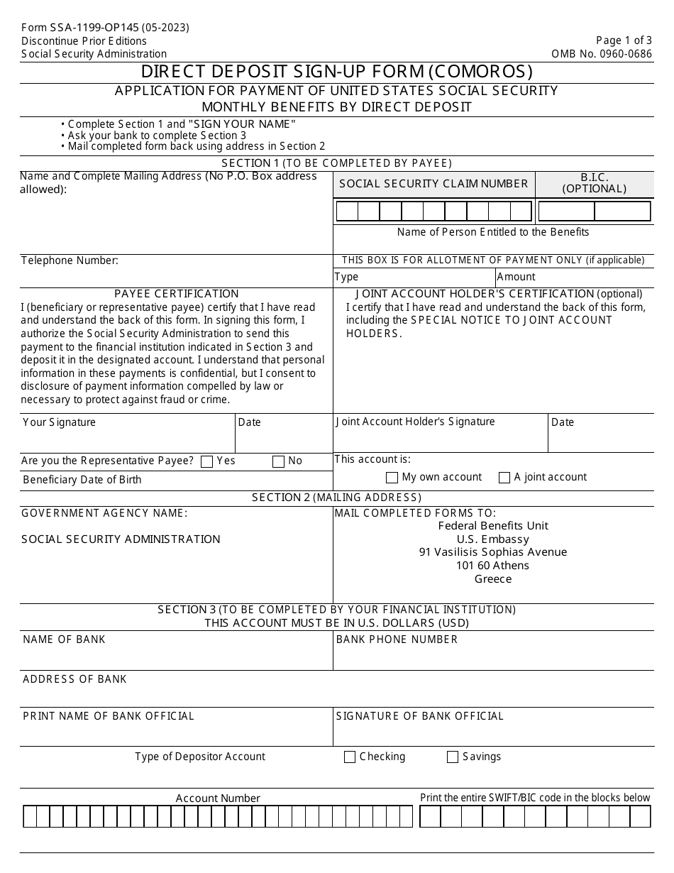 Form SSA-1199-OP145 Direct Deposit Sign-Up Form (Comoros), Page 1