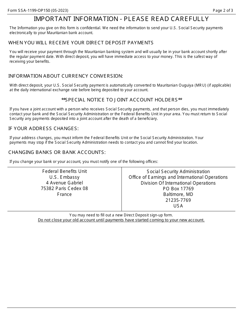 Form SSA-1199-OP150 Direct Deposit Sign-Up Form (Mauritania), Page 2