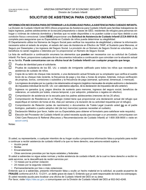 Formulario CCA-0001A-S Solicitud De Asistencia Para Cuidado Infantil - Arizona (Spanish)