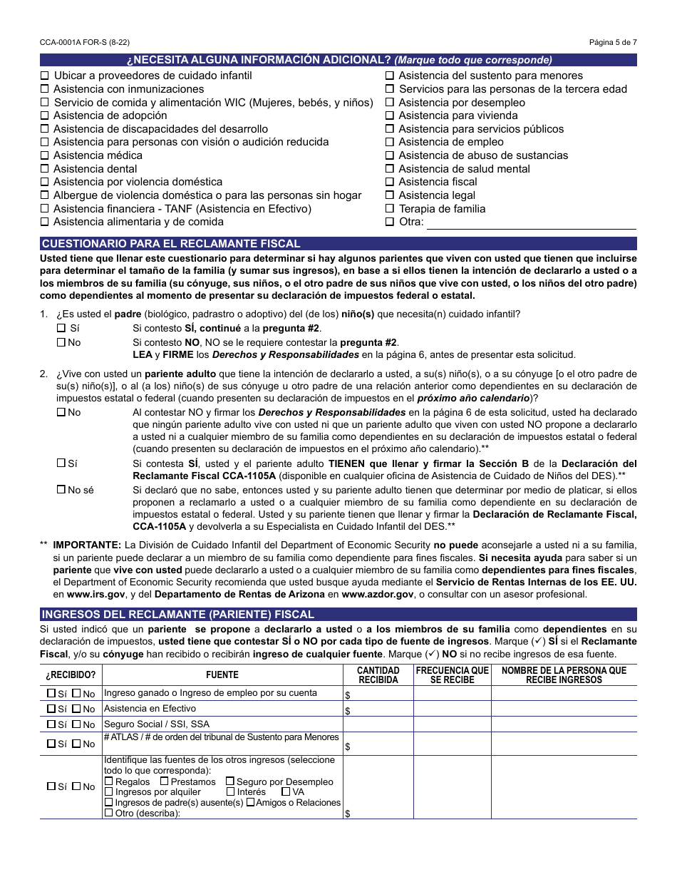 Formulario CCA-0001A-S Solicitud De Asistencia Para Cuidado Infantil - Arizona (Spanish), Page 6