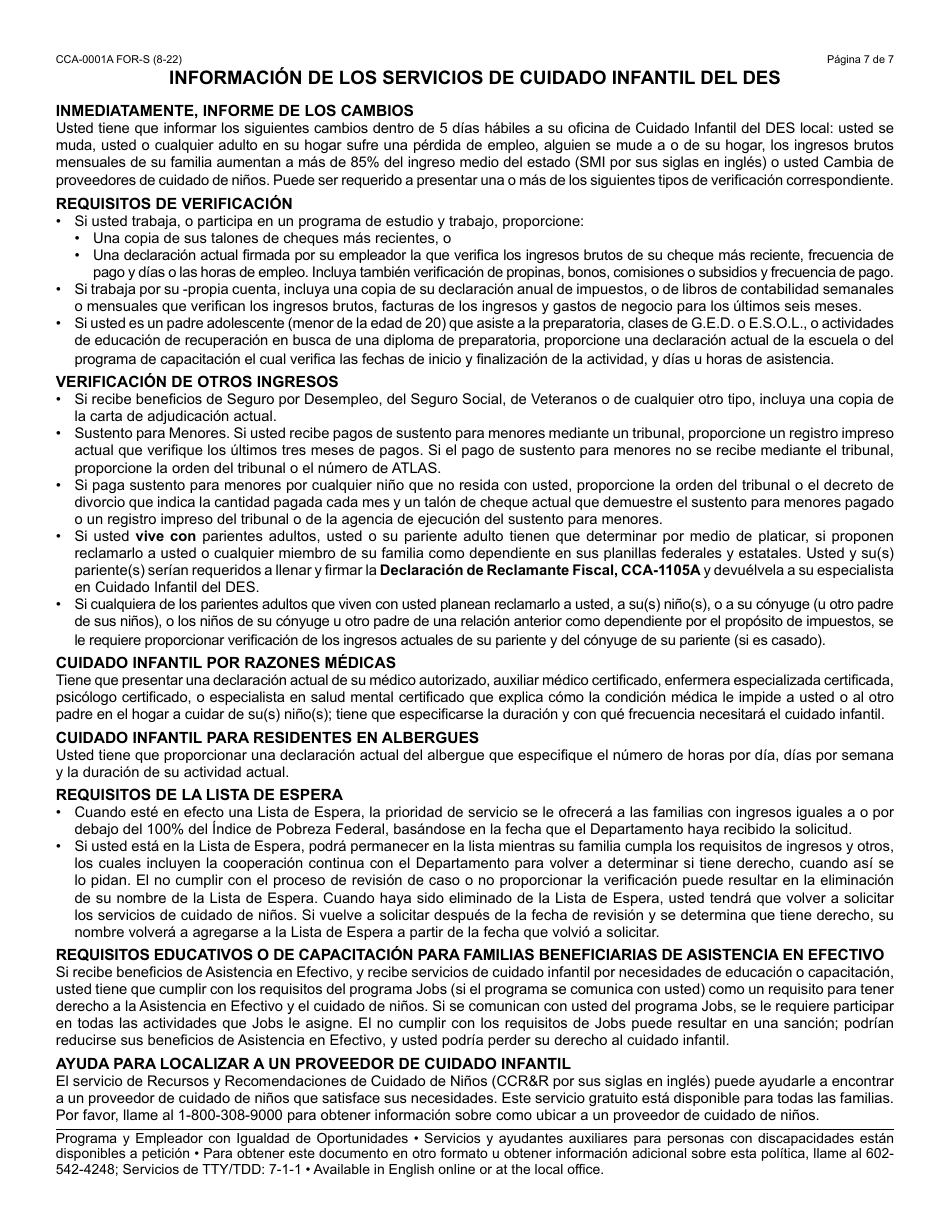 Formulario CCA-0001A-S Solicitud De Asistencia Para Cuidado Infantil - Arizona (Spanish), Page 8