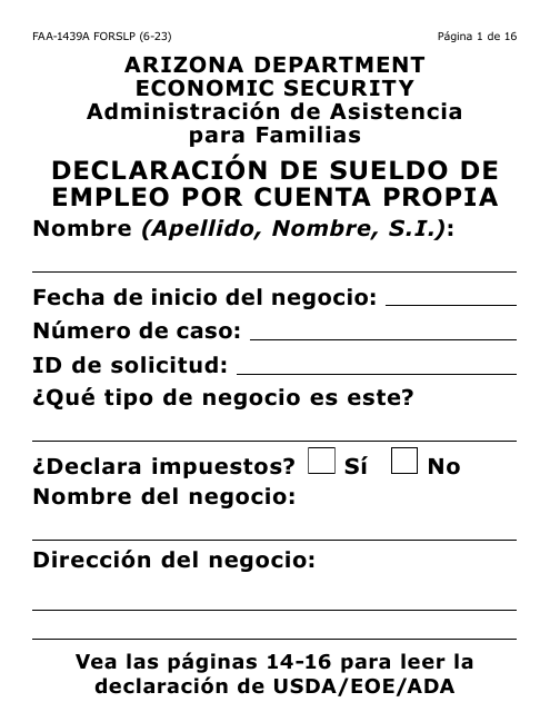 Formulario FAA-1439A-SLP Declaracion De Sueldo De Empleo Por Cuenta Propia (Letra Grande) - Arizona (Spanish)