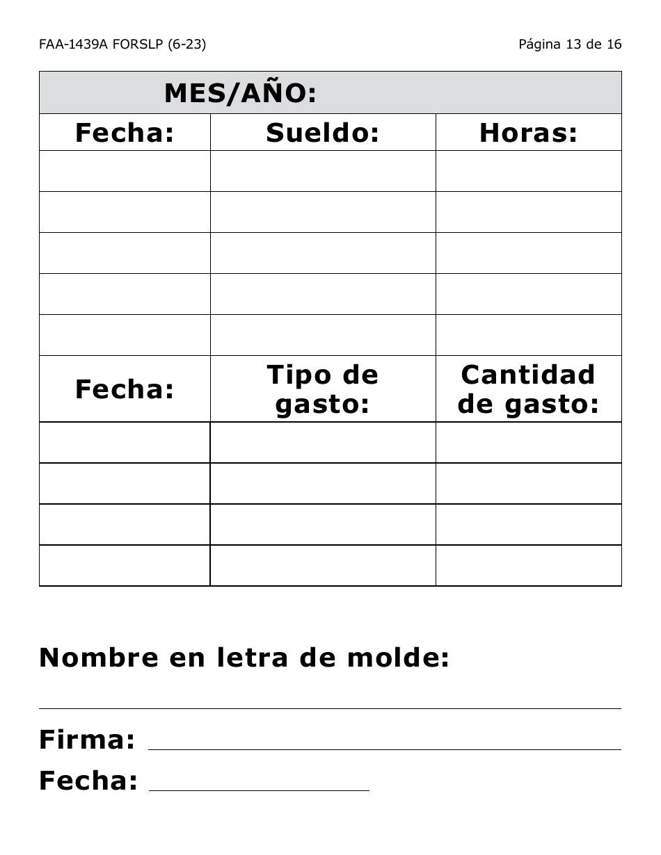 Formulario FAA-1439A-SLP Declaracion De Sueldo De Empleo Por Cuenta Propia (Letra Grande) - Arizona (Spanish), Page 13