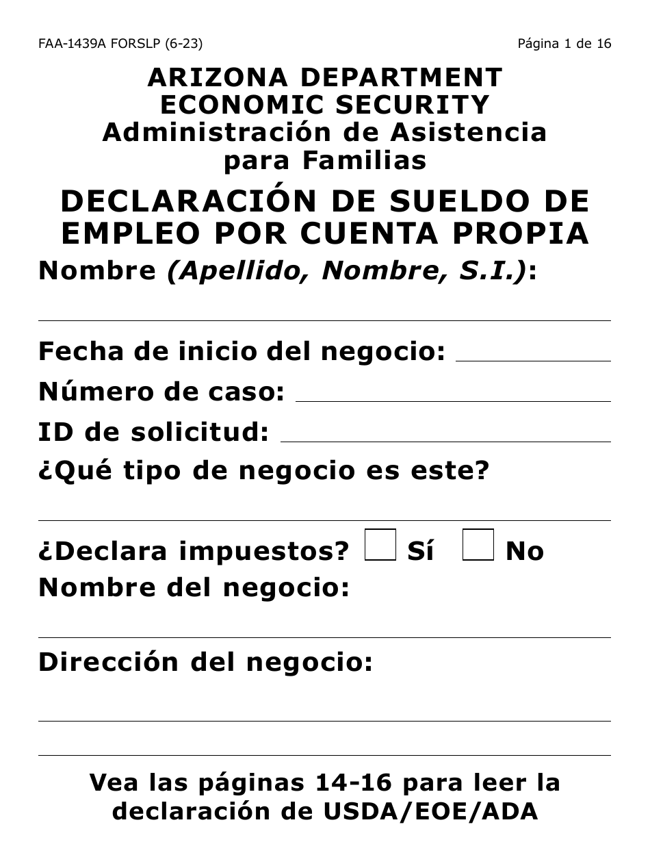 Formulario FAA-1439A-SLP Declaracion De Sueldo De Empleo Por Cuenta Propia (Letra Grande) - Arizona (Spanish), Page 1