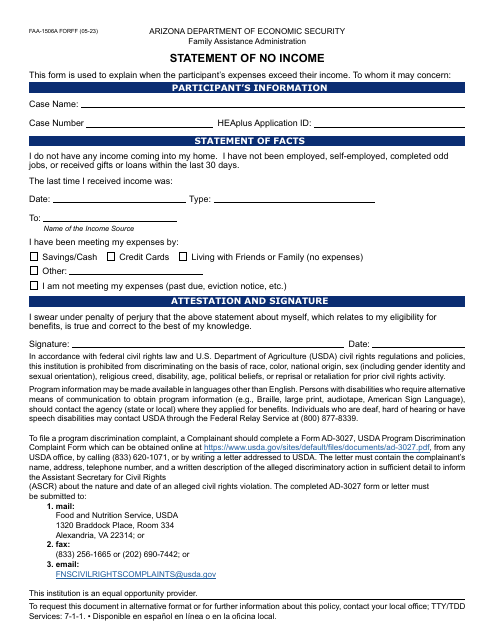 Form FAA-1506A Statement of No Income - Arizona
