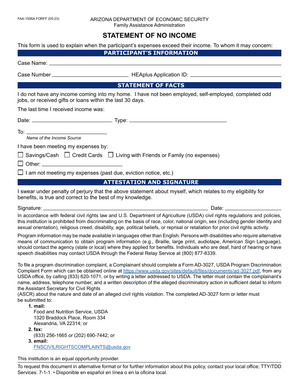 Form FAA-1506A Statement of No Income - Arizona, Page 1