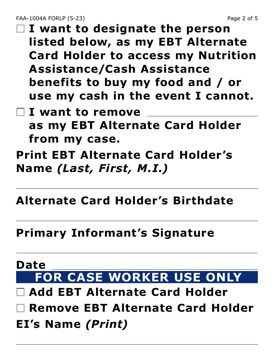 Form FAA-1004A-LP Designation of Ebt Alternate Card Holder (Large Print) - Arizona, Page 2
