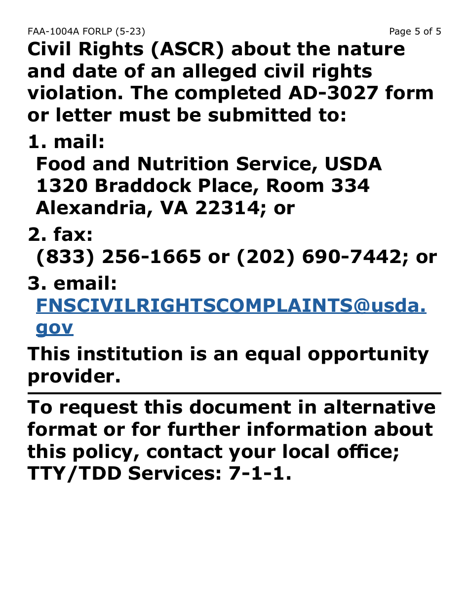 Form FAA-1004A-LP Designation of Ebt Alternate Card Holder (Large Print) - Arizona, Page 5