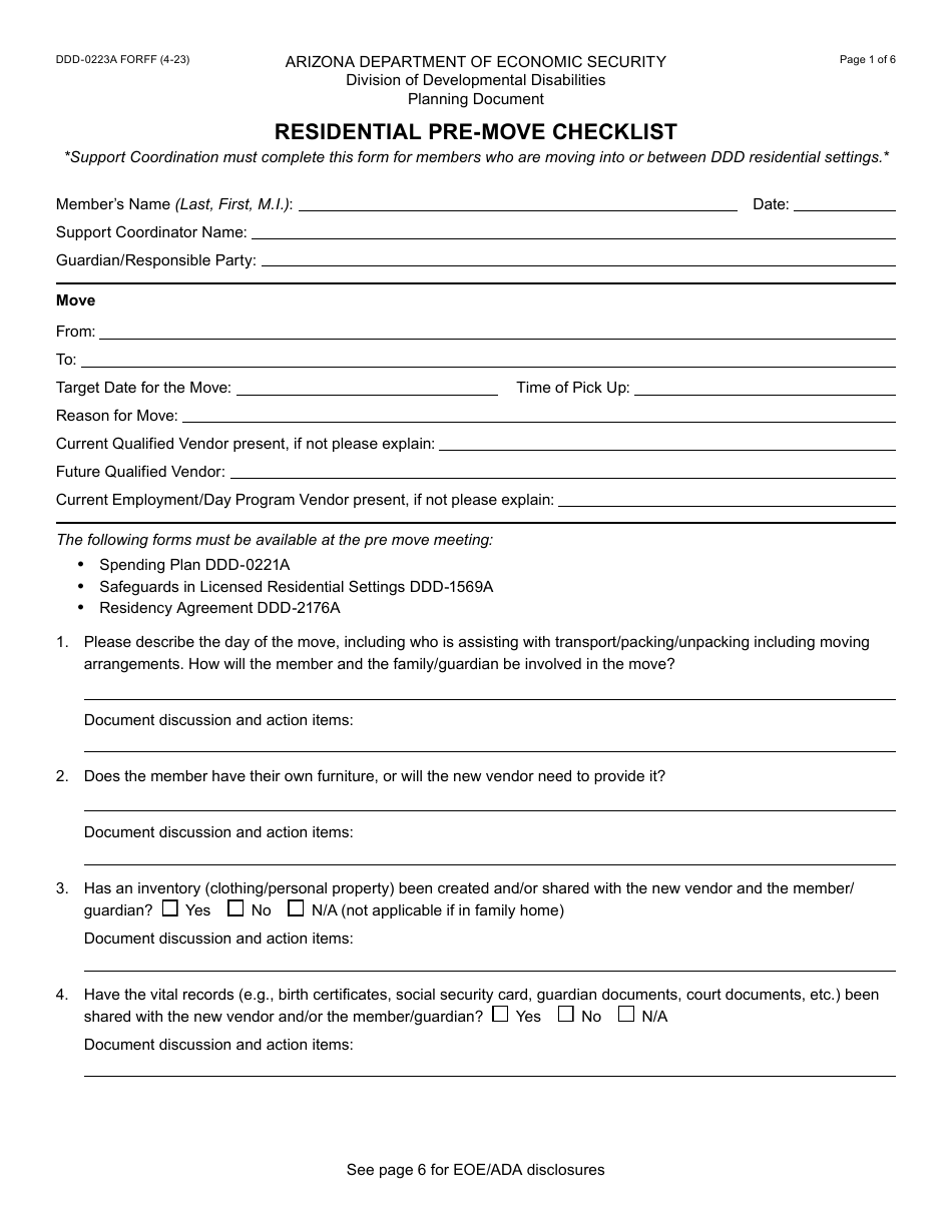 Form DDD-0223A Residential Pre-move Checklist - Arizona, Page 1
