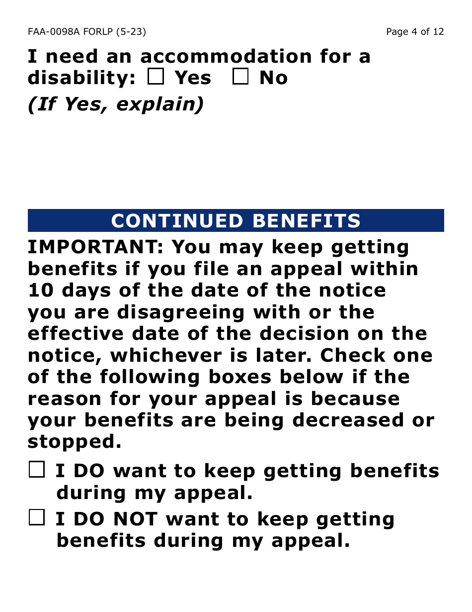 Form FAA-0098A-LP Hearing Request (Large Print) - Arizona, Page 4