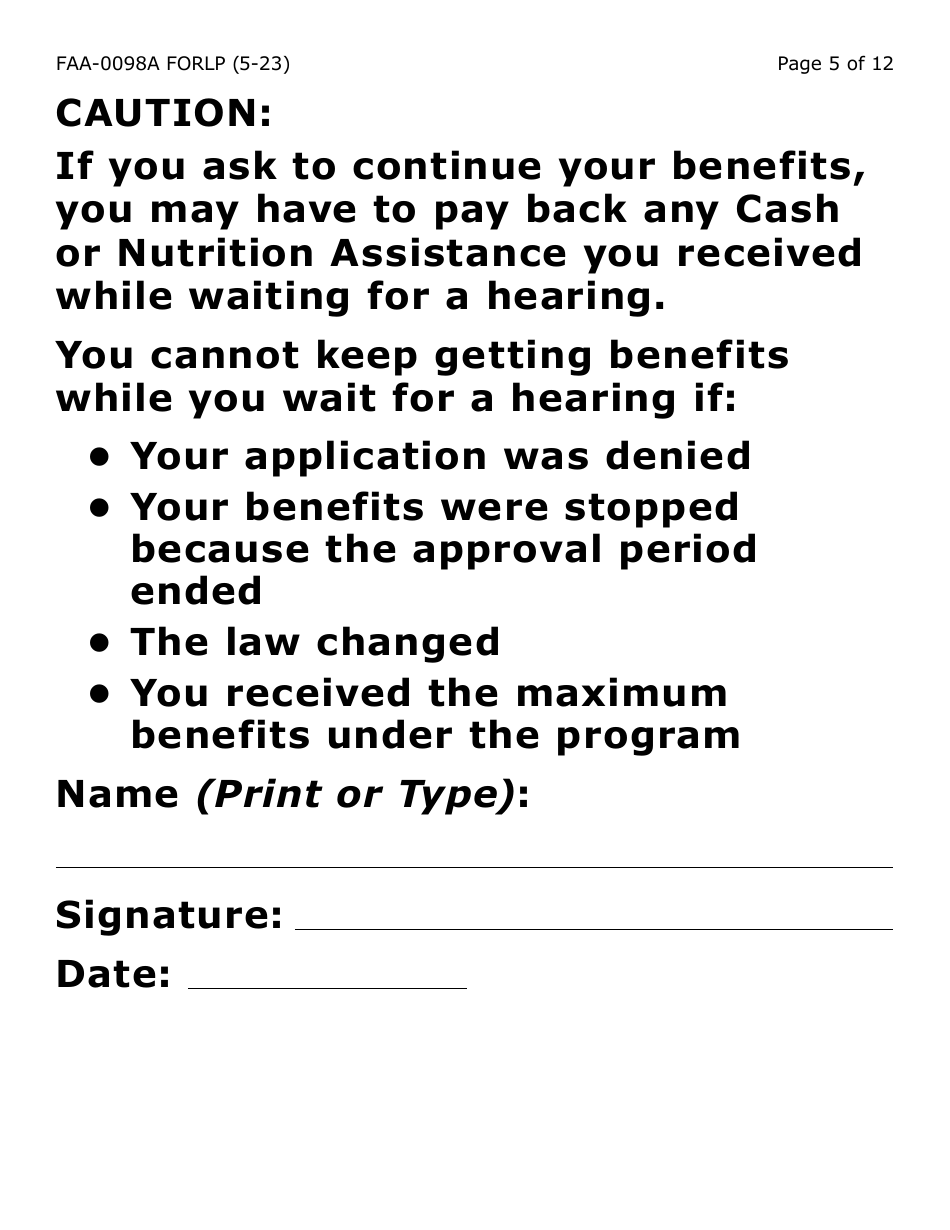 Form FAA-0098A-LP Hearing Request (Large Print) - Arizona, Page 5