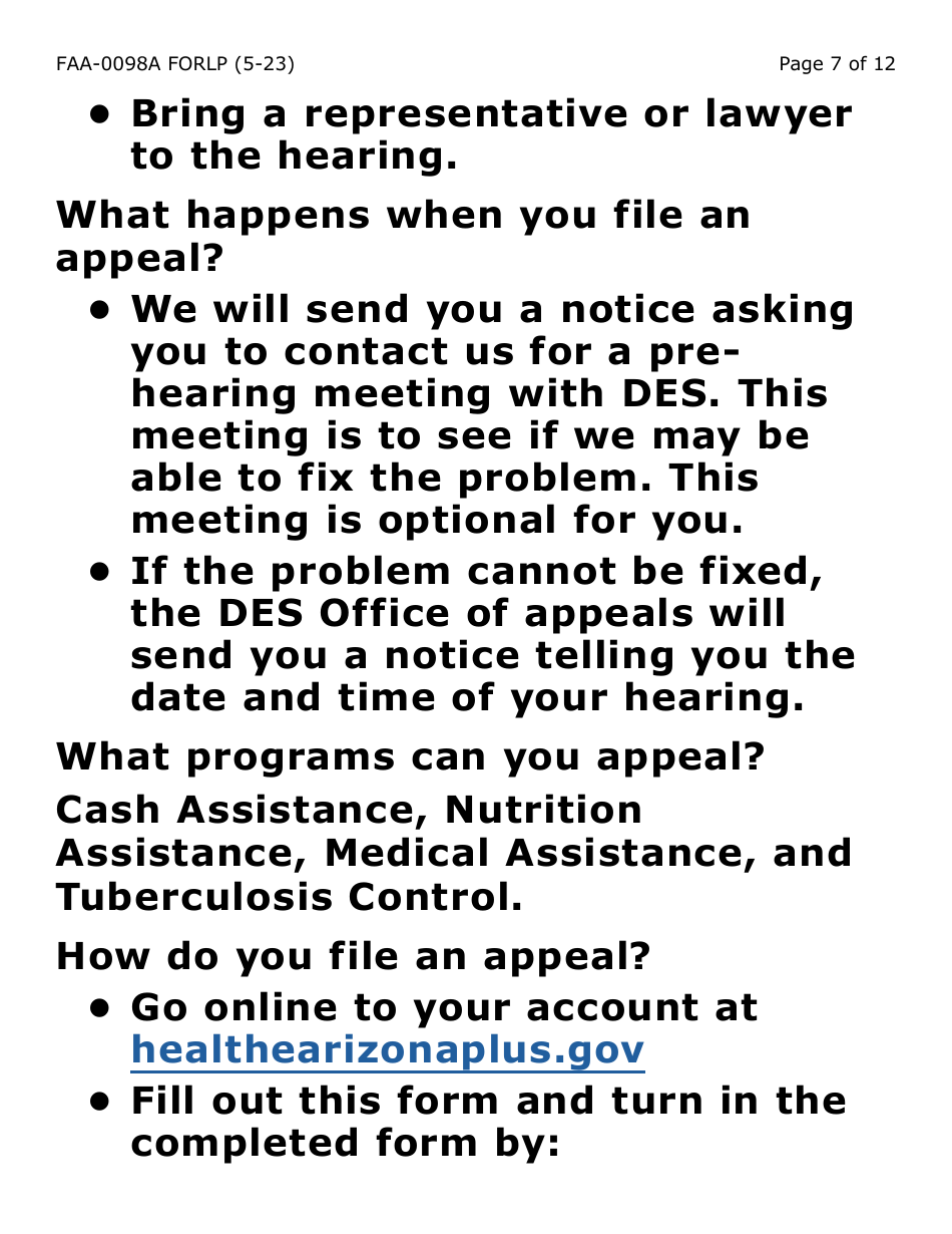 Form FAA-0098A-LP Hearing Request (Large Print) - Arizona, Page 7