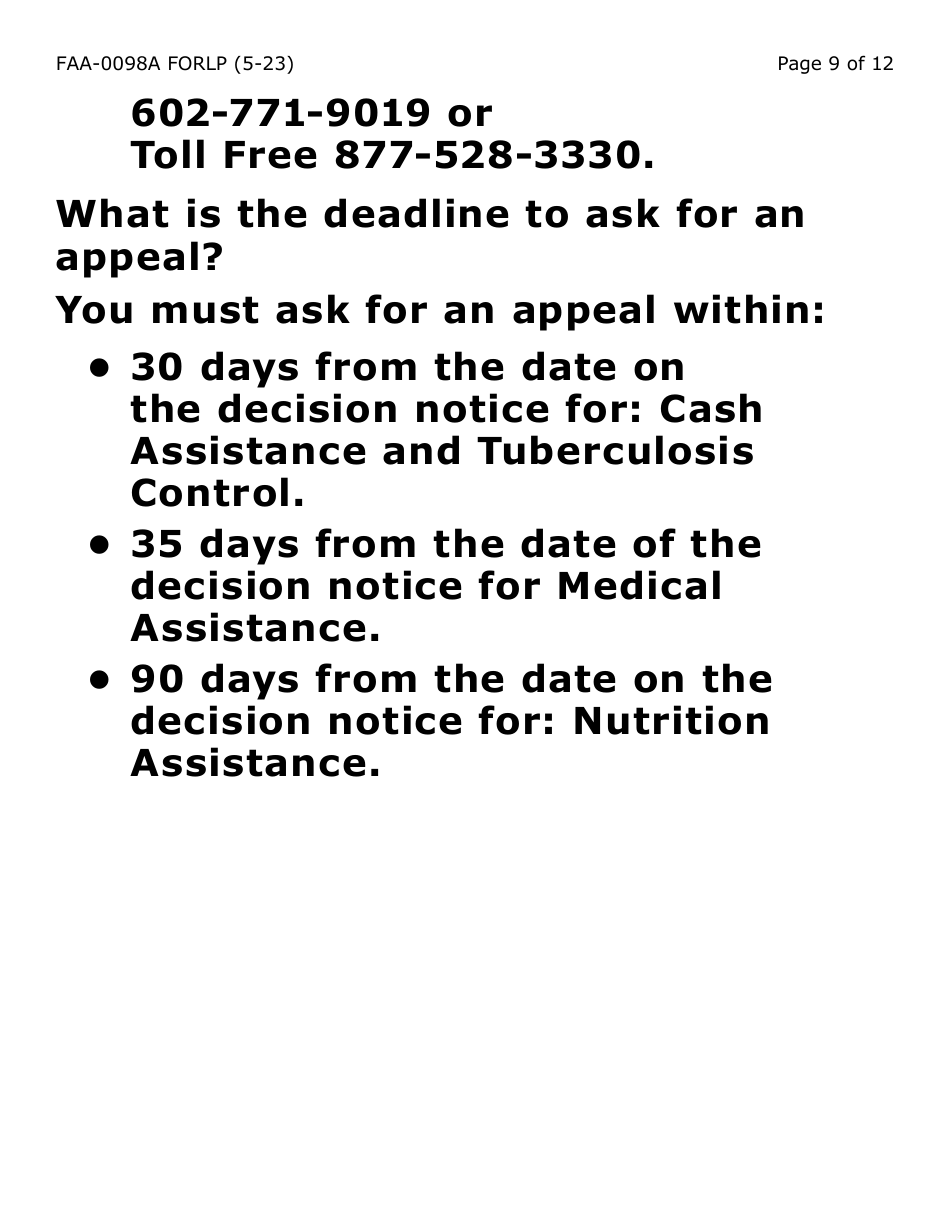 Form FAA-0098A-LP Hearing Request (Large Print) - Arizona, Page 9