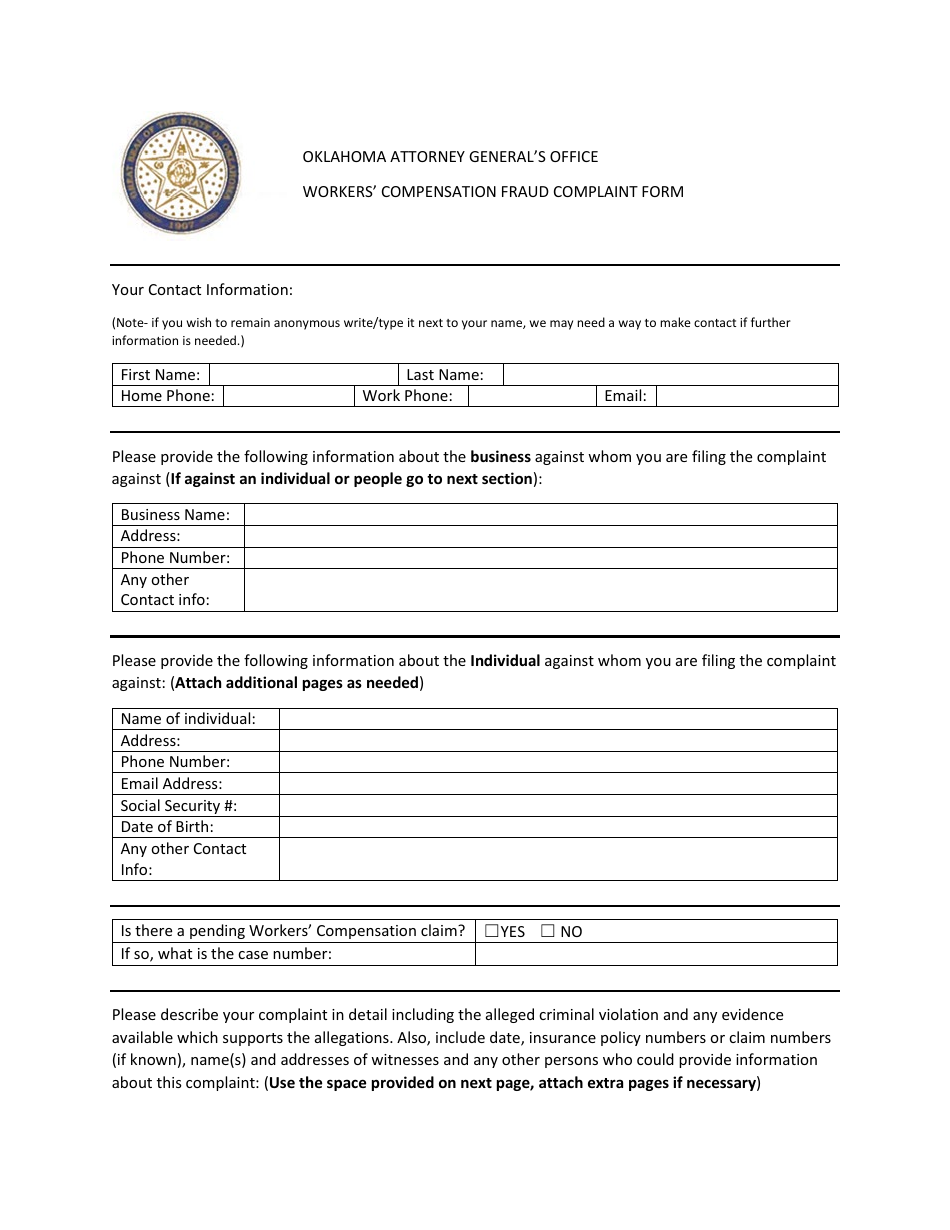 Workers Compensation Fraud Complaint Form - Oklahoma, Page 1