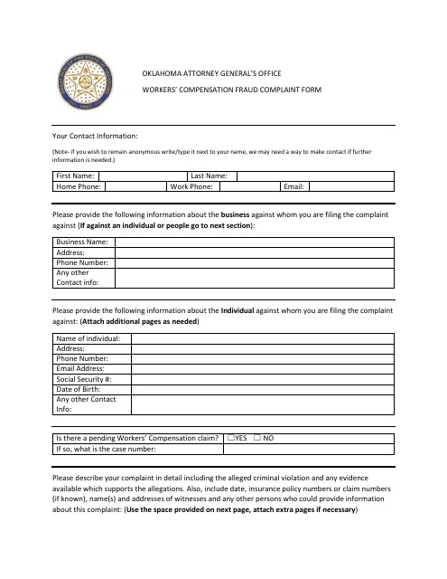 Workers' Compensation Fraud Complaint Form - Oklahoma Download Pdf