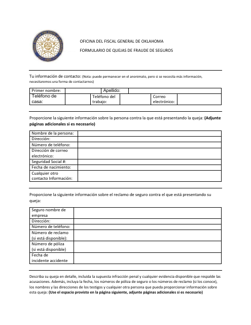 Formulario De Quejas De Fraude De Seguros - Oklahoma (Spanish) Download Pdf