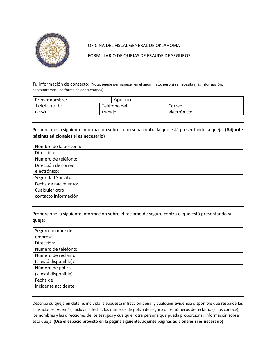Formulario De Quejas De Fraude De Seguros - Oklahoma (Spanish), Page 1