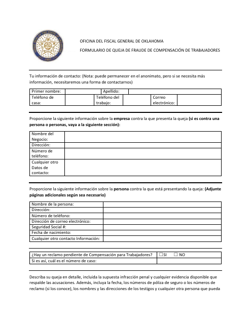Formulario De Queja De Fraude De Compensacion De Trabajadores - Oklahoma (Spanish) Download Pdf