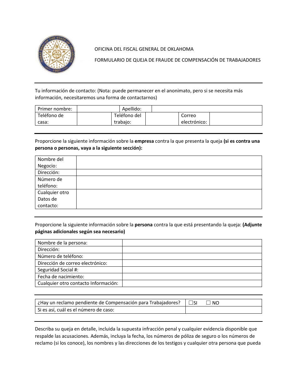 Formulario De Queja De Fraude De Compensacion De Trabajadores - Oklahoma (Spanish), Page 1
