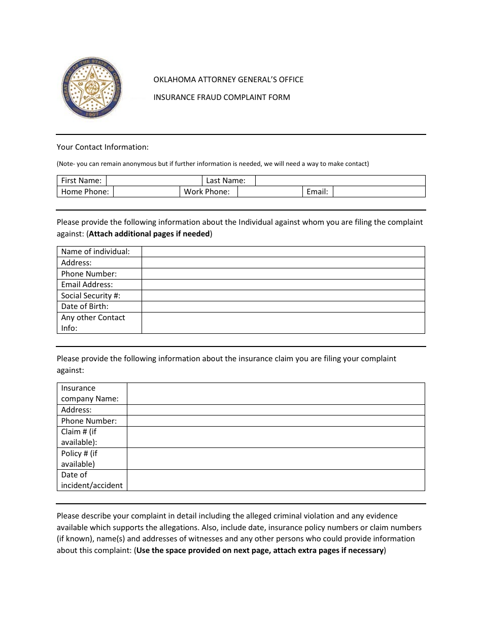 Insurance Fraud Complaint Form - Oklahoma, Page 1