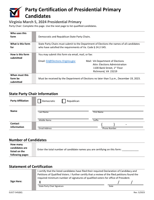 Form ELECT-545(B2) Party Certification of Presidential Primary Candidates - Virginia, 2024